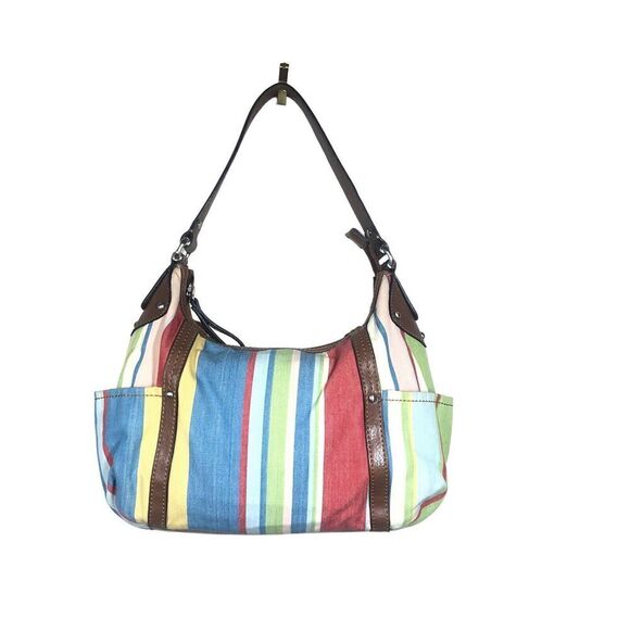 Fossil Purse Womens M Multi Striped Fabric & Leather Shoulder Bag Boho Festival - Picture 2 of 11